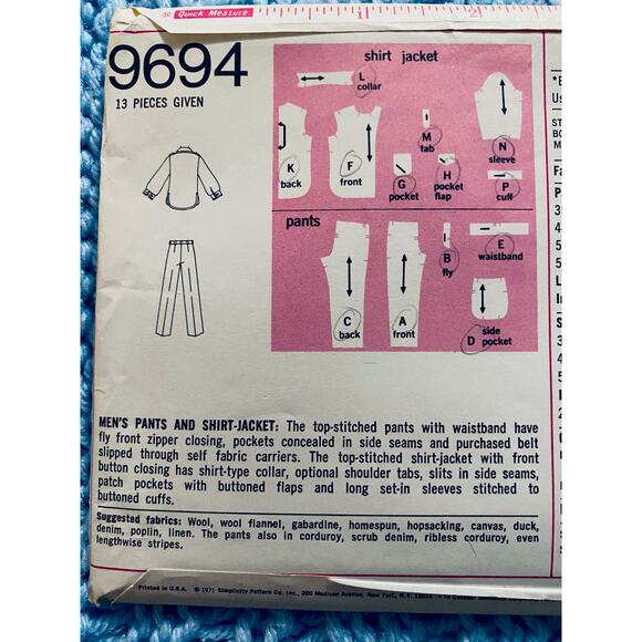Simplicity 9694 Mens top pant pattern 1960s - Picture 4 of 5